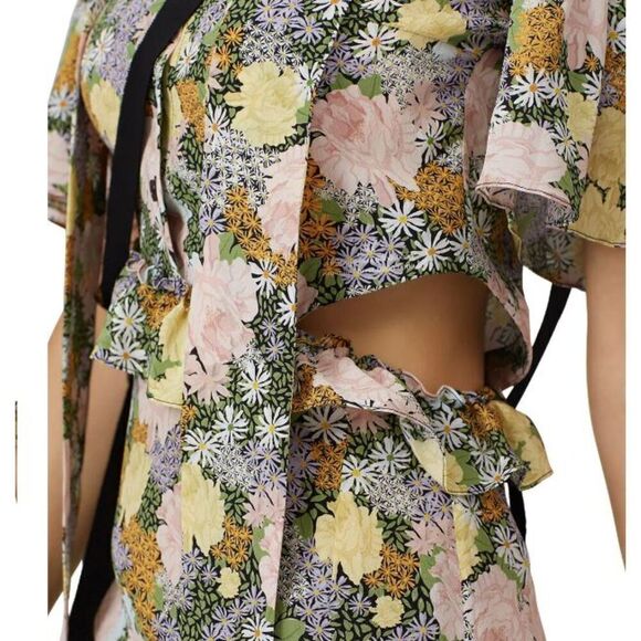 Rokh Silk Split Floral Frill Dress Ruffle Strap Pink Yellow Blue Women's Size 10 - Picture 3 of 16